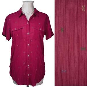 EDDIE BAUER Dragonfly Print Soft Cotton Short Sleeve Button Up Blouse Red Medium